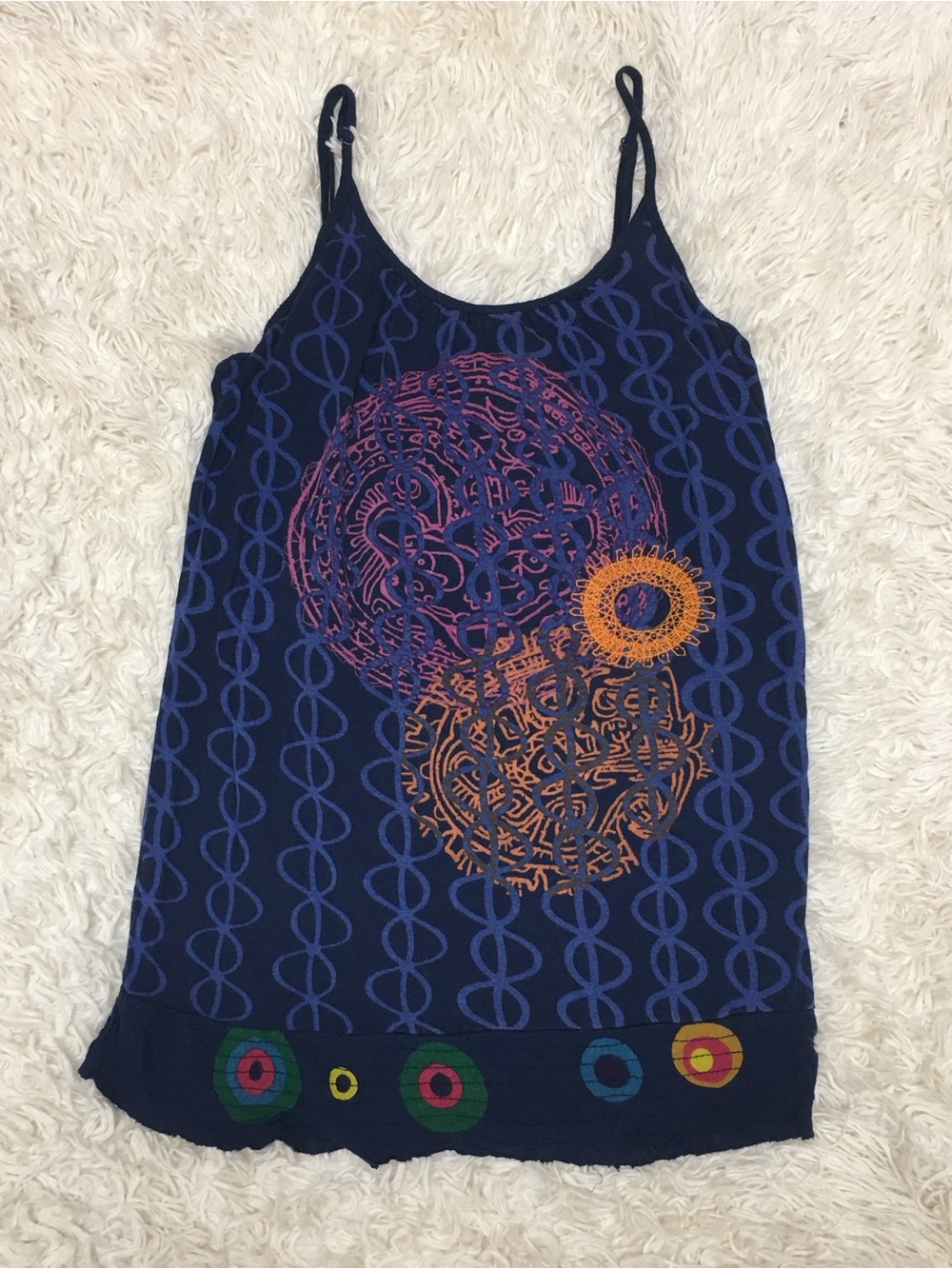 Desigual Adjustable Strap Tank Top Navy w/Screen print & Embroidery Sz L Rare